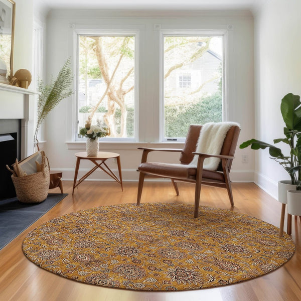 HomeRoots 8' Copper Beige and Gray Floral Washable Round Rug - UV Protected, Stain Resistant, Easy Care! 656816