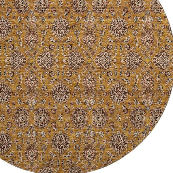 HomeRoots 8' Copper Beige and Gray Floral Washable Round Rug - UV Protected, Stain Resistant, Easy Care! 656816