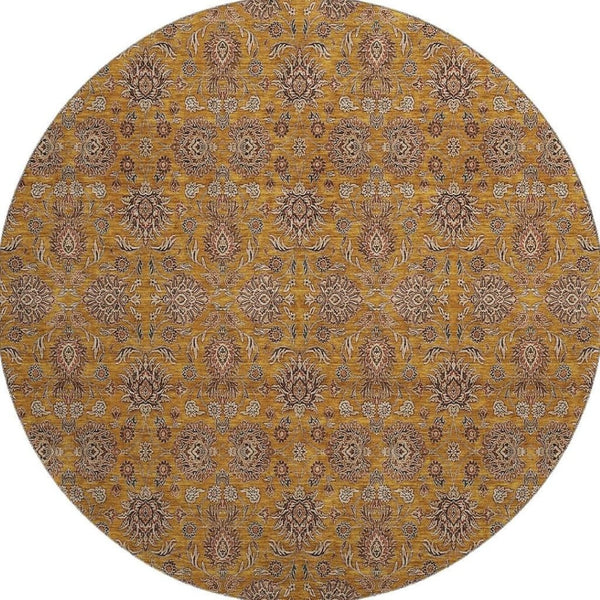 HomeRoots 8' Copper Beige and Gray Floral Washable Round Rug - UV Protected, Stain Resistant, Easy Care! 656816