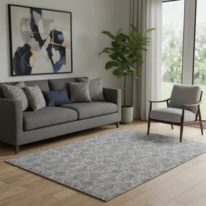 HomeRoots 5' Gray and Silver Floral Washable Area Rug - UV Protected, Stain Resistant, Ideal for High-Traffic Areas 656821