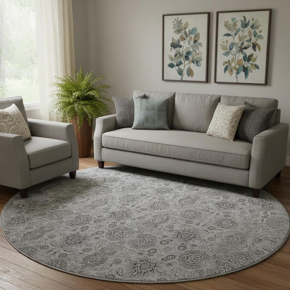 HomeRoots 8' Gray and Silver Floral Round Rug - Washable, UV Protected, Stylish for Living Rooms & Patios 656822