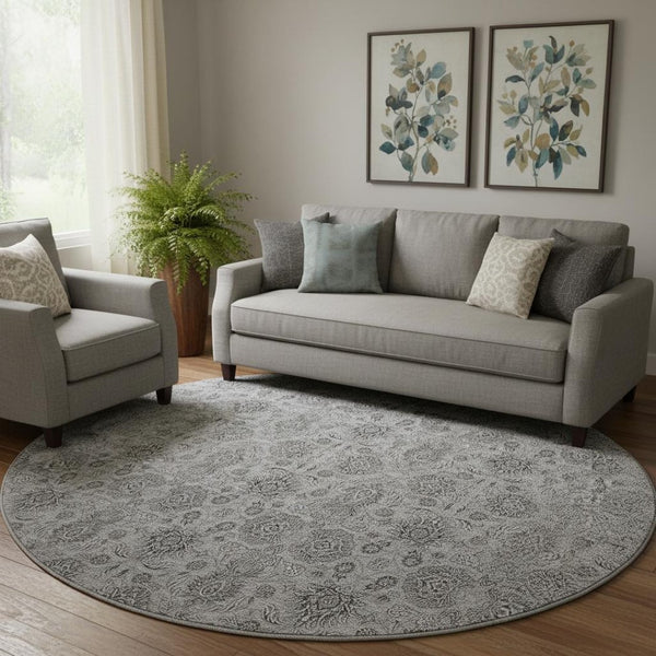 HomeRoots 8' Gray and Silver Floral Round Rug - Washable, UV Protected, Stylish for Living Rooms & Patios 656822