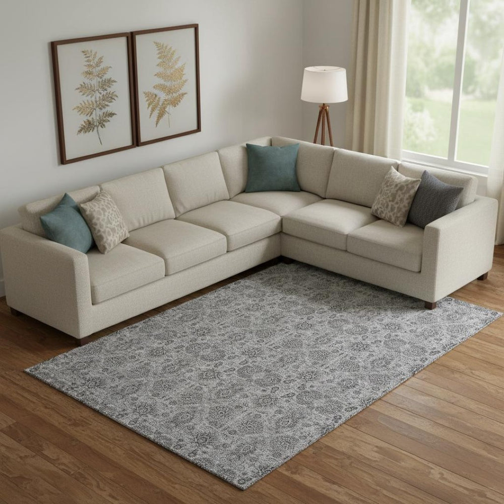 HomeRoots 8' X 10' Gray & Silver Floral Area Rug - Washable, UV Protected, Stain Resistant for High-Traffic Areas 656823