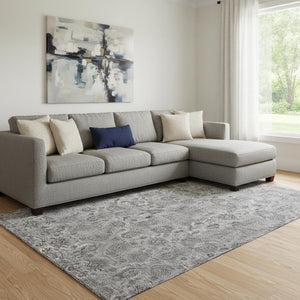 HomeRoots 9' X 12' Gray and Silver Floral Area Rug - Washable, UV Protected, Durable & Stain-Resistant Design 656824