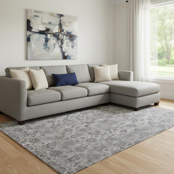 HomeRoots 9' X 12' Gray and Silver Floral Area Rug - Washable, UV Protected, Durable & Stain-Resistant Design 656824