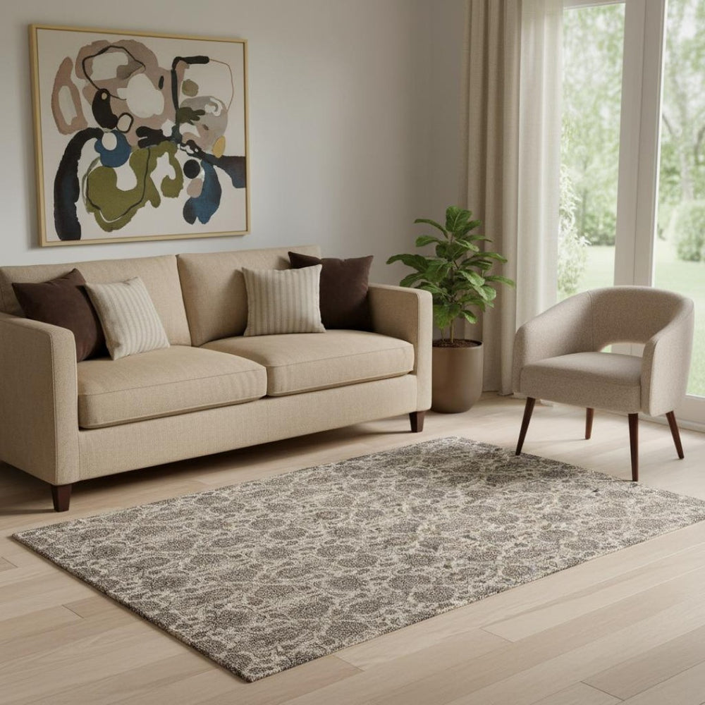 HomeRoots 5' X 8' Elegant Ivory & Taupe Floral Area Rug - Washable, UV-Protected, Stain-Resistant Beauty! 656827