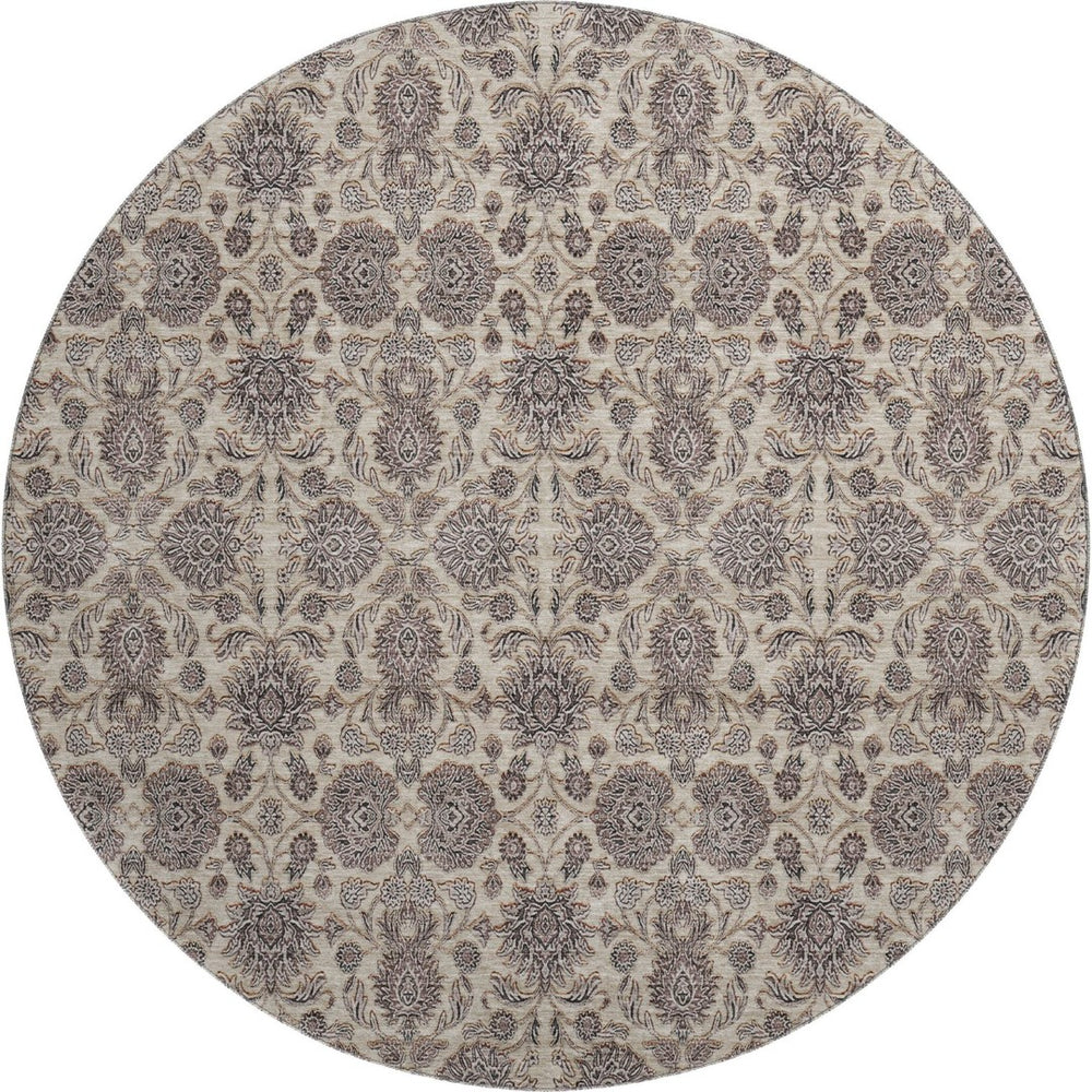 HomeRoots 8' Ivory and Taupe Floral Round Rug – Washable, UV-Protected, Stain-Resistant for Timeless Style! 656828