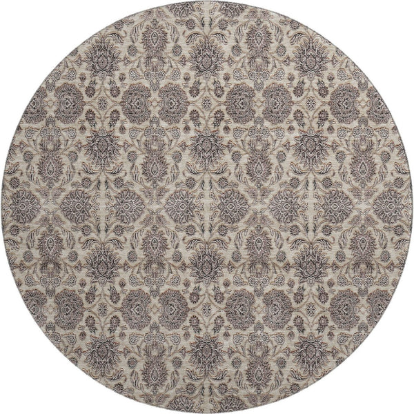 HomeRoots 8' Ivory and Taupe Floral Round Rug – Washable, UV-Protected, Stain-Resistant for Timeless Style! 656828