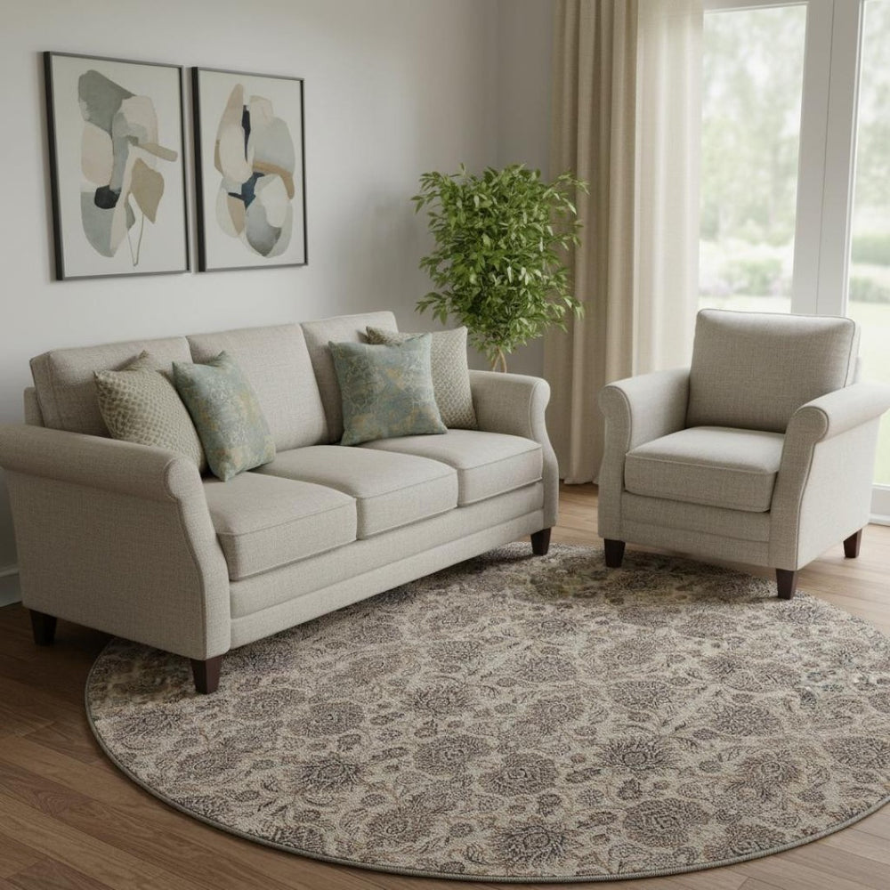 HomeRoots 8' Ivory and Taupe Floral Round Rug – Washable, UV-Protected, Stain-Resistant for Timeless Style! 656828