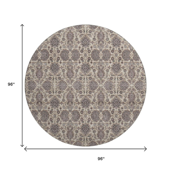 HomeRoots 8' Ivory and Taupe Floral Round Rug – Washable, UV-Protected, Stain-Resistant for Timeless Style! 656828