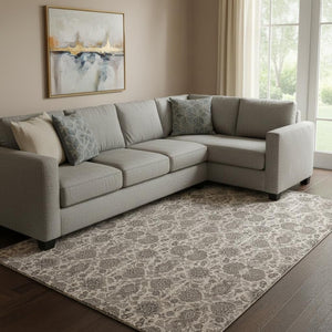 HomeRoots 9' X 12' Elegant Ivory & Taupe Floral Area Rug - Washable, UV-Protected, Durable for Busy Homes 656830