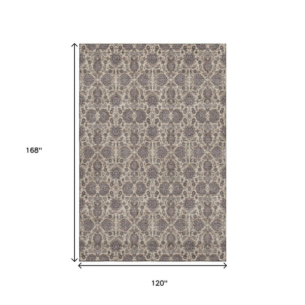 HomeRoots 10' X 14' Elegant Floral Washable Area Rug - Ivory & Taupe, UV Protected, Perfect for Homes with Kids! 656831