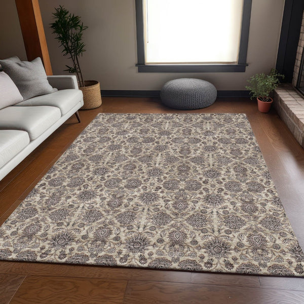 HomeRoots 10' X 14' Elegant Floral Washable Area Rug - Ivory & Taupe, UV Protected, Perfect for Homes with Kids! 656831