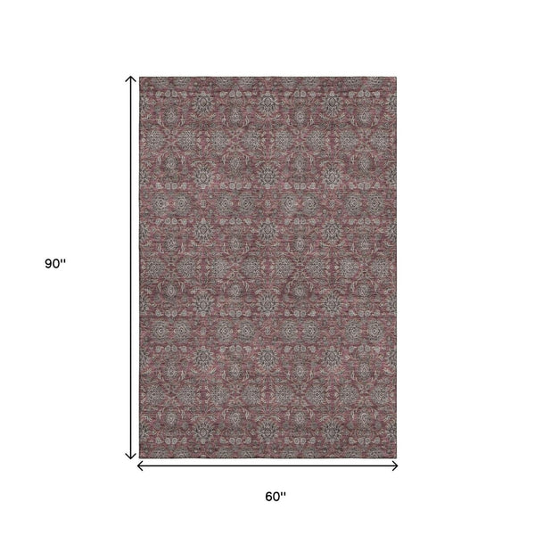 HomeRoots 5' X 8' Merlot & Gray Floral Area Rug - Washable, Stain-Resistant, UV-Protected for Everyday Elegance 656833