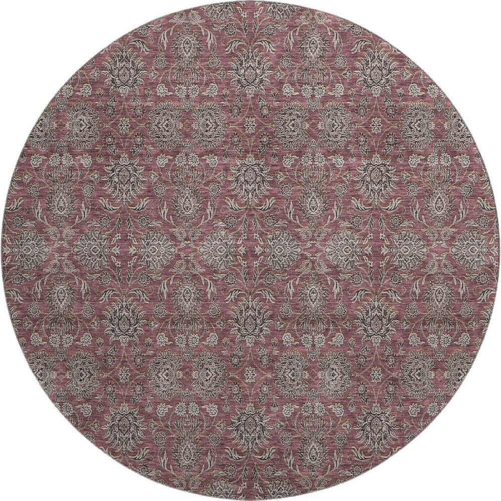 HomeRoots 8' Merlot and Gray Floral Washable Round Rug - Stain Resistant, UV Protected, Soft Comfort for Homes 656834