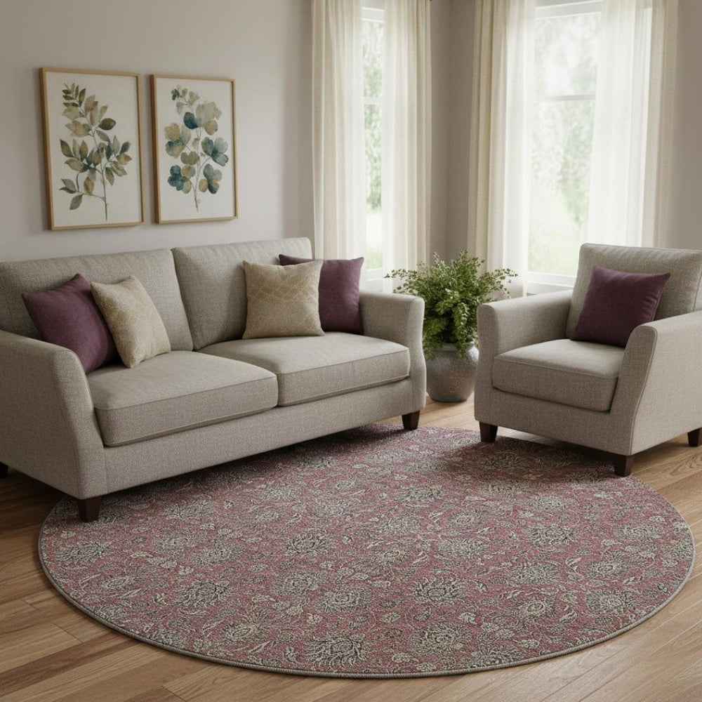 HomeRoots 8' Merlot and Gray Floral Washable Round Rug - Stain Resistant, UV Protected, Soft Comfort for Homes 656834