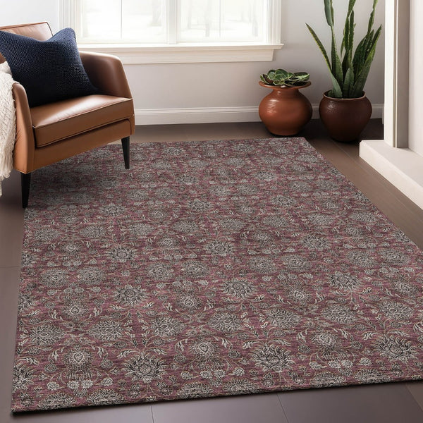 HomeRoots 8' X 10' Merlot & Gray Floral Area Rug - Washable, Stain Resistant, UV Protected for Any Room Decor 656835
