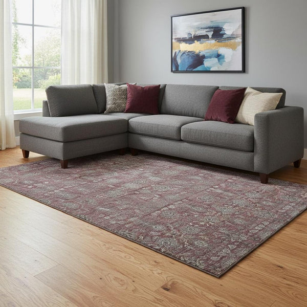 HomeRoots 9' X 12' Merlot and Gray Floral Area Rug - Stain-Resistant, UV Protected, Perfect for Busy Homes! 656836