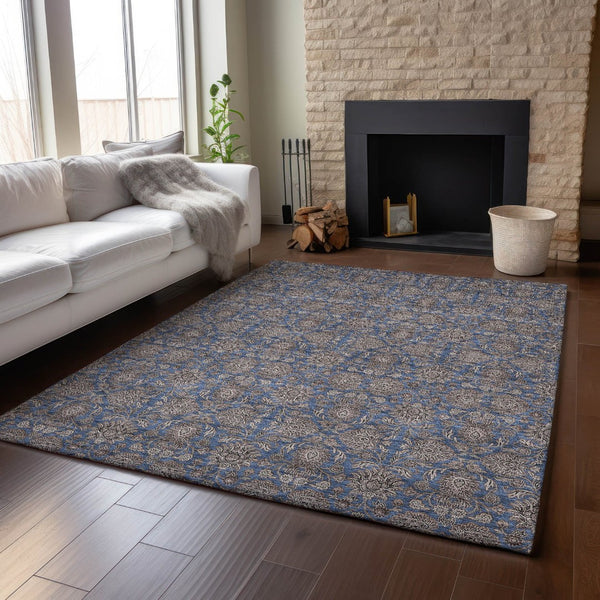 HomeRoots 5' X 8' Navy Blue & Beige Floral Area Rug - Stylish, Washable, UV-Protected for High-Traffic Spaces 656839