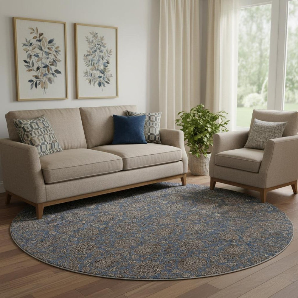 HomeRoots 8' Navy Blue & Beige Floral Washable Round Rug – UV Protected, Durable, & Pet-Friendly Design! 656840