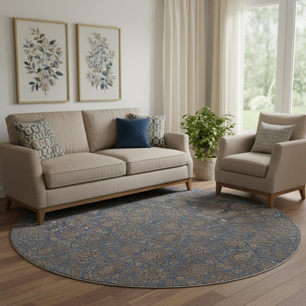 HomeRoots 8' Navy Blue & Beige Floral Washable Round Rug – UV Protected, Durable, & Pet-Friendly Design! 656840