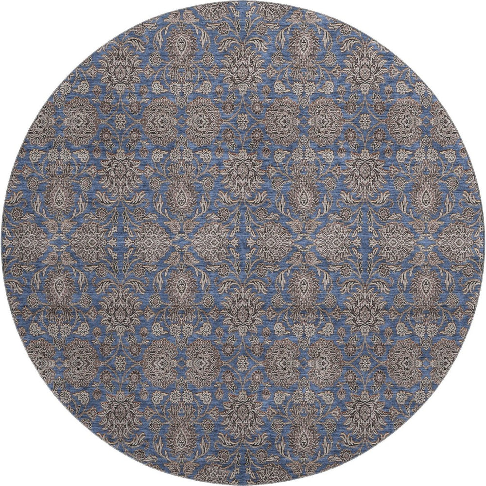 HomeRoots 8' Navy Blue & Beige Floral Washable Round Rug – UV Protected, Durable, & Pet-Friendly Design! 656840