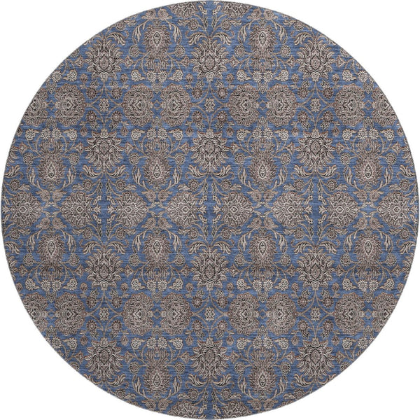 HomeRoots 8' Navy Blue & Beige Floral Washable Round Rug – UV Protected, Durable, & Pet-Friendly Design! 656840