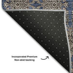 HomeRoots 8' Navy Blue & Beige Floral Washable Round Rug – UV Protected, Durable, & Pet-Friendly Design! 656840