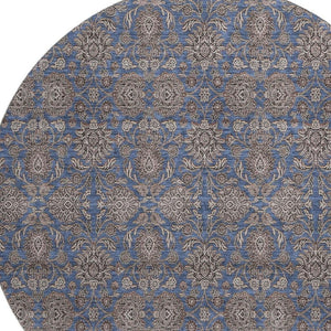HomeRoots 8' Navy Blue & Beige Floral Washable Round Rug – UV Protected, Durable, & Pet-Friendly Design! 656840