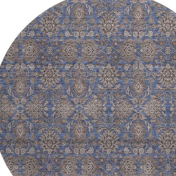 HomeRoots 8' Navy Blue & Beige Floral Washable Round Rug – UV Protected, Durable, & Pet-Friendly Design! 656840