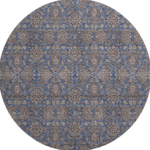 HomeRoots 8' Navy Blue & Beige Floral Washable Round Rug – UV Protected, Durable, & Pet-Friendly Design! 656840