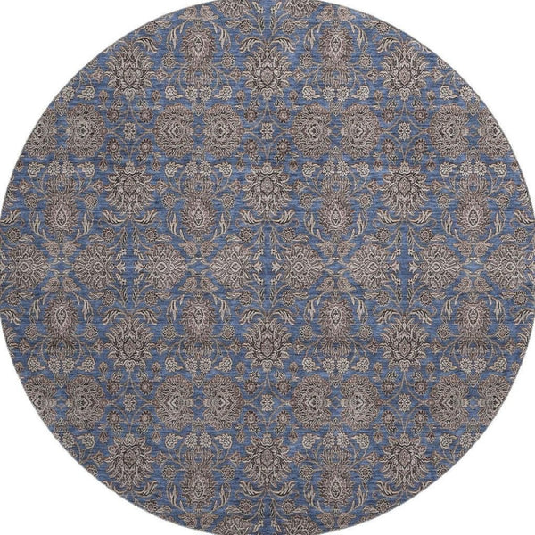 HomeRoots 8' Navy Blue & Beige Floral Washable Round Rug – UV Protected, Durable, & Pet-Friendly Design! 656840