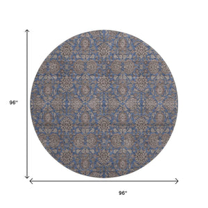 HomeRoots 8' Navy Blue & Beige Floral Washable Round Rug – UV Protected, Durable, & Pet-Friendly Design! 656840
