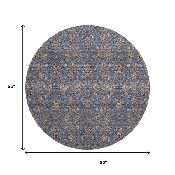 HomeRoots 8' Navy Blue & Beige Floral Washable Round Rug – UV Protected, Durable, & Pet-Friendly Design! 656840