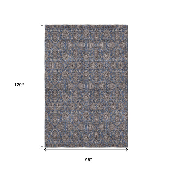 HomeRoots 8' X 10' Navy Blue Floral Area Rug - Washable, Stain Resistant, UV Protected for Family Spaces 656841