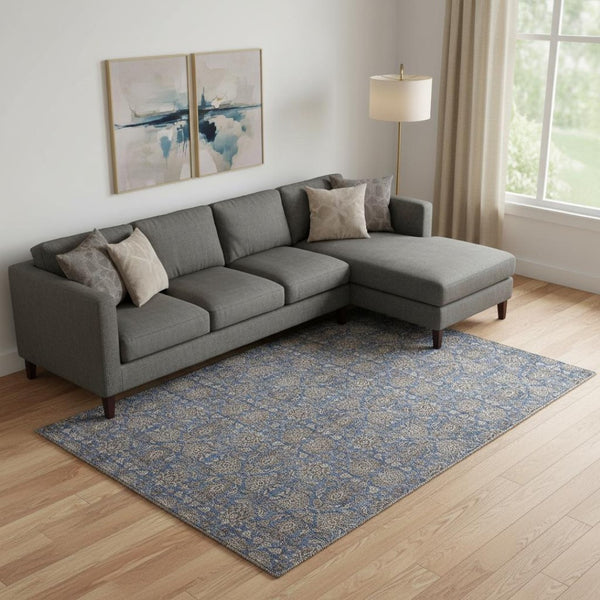 HomeRoots 9' X 12' Navy Blue & Beige Floral Area Rug - Washable, UV Protected, Stain Resistant for Busy Homes 656842