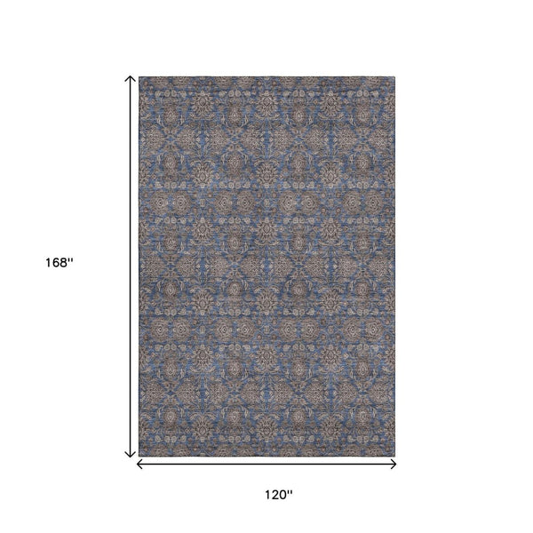 HomeRoots 10' Navy Blue & Beige Floral Area Rug - Washable, UV Protected, Perfect for High-Traffic Areas 656843