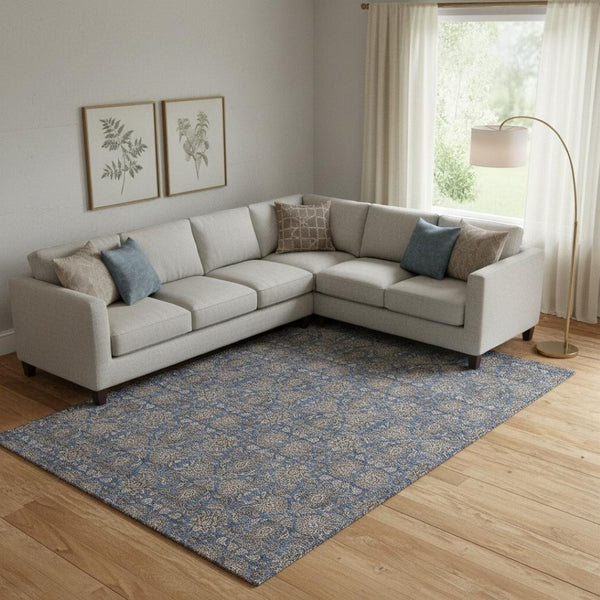 HomeRoots 10' Navy Blue & Beige Floral Area Rug - Washable, UV Protected, Perfect for High-Traffic Areas 656843