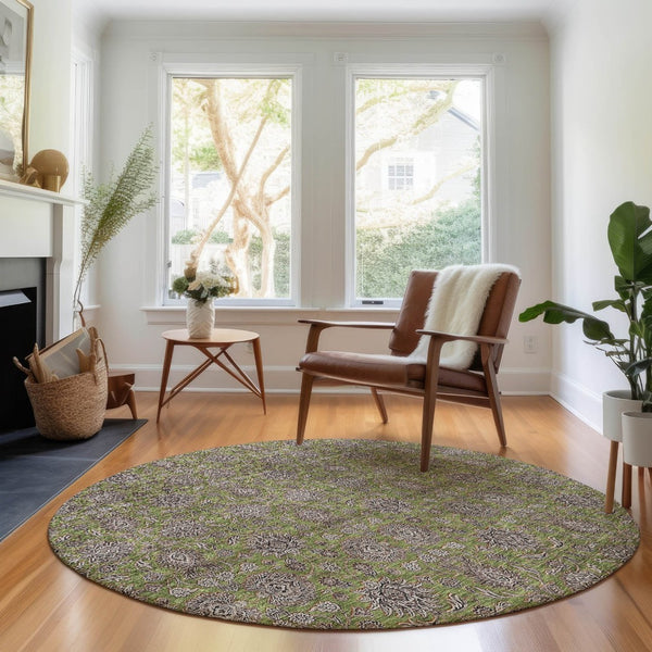 HomeRoots 8' Olive Green & Beige Floral Washable Round Rug - Durable, Stain Resistant & UV Protected Design 656846