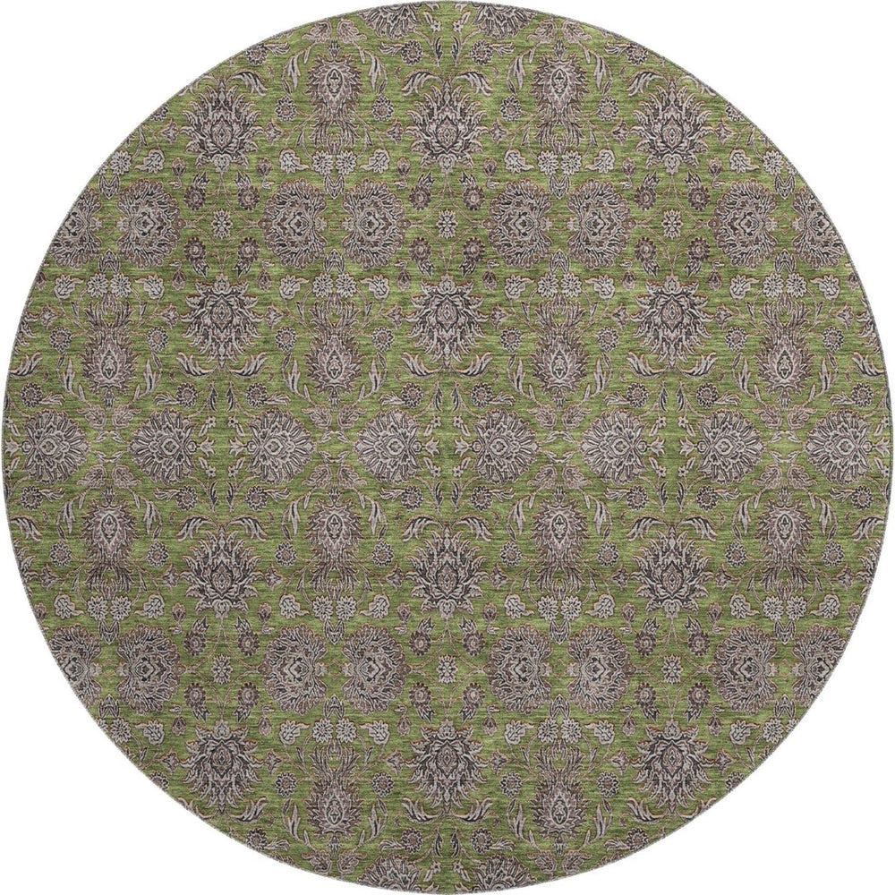 HomeRoots 8' Olive Green & Beige Floral Washable Round Rug - Durable, Stain Resistant & UV Protected Design 656846