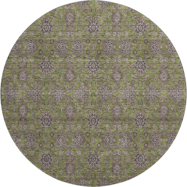 HomeRoots 8' Olive Green & Beige Floral Washable Round Rug - Durable, Stain Resistant & UV Protected Design 656846