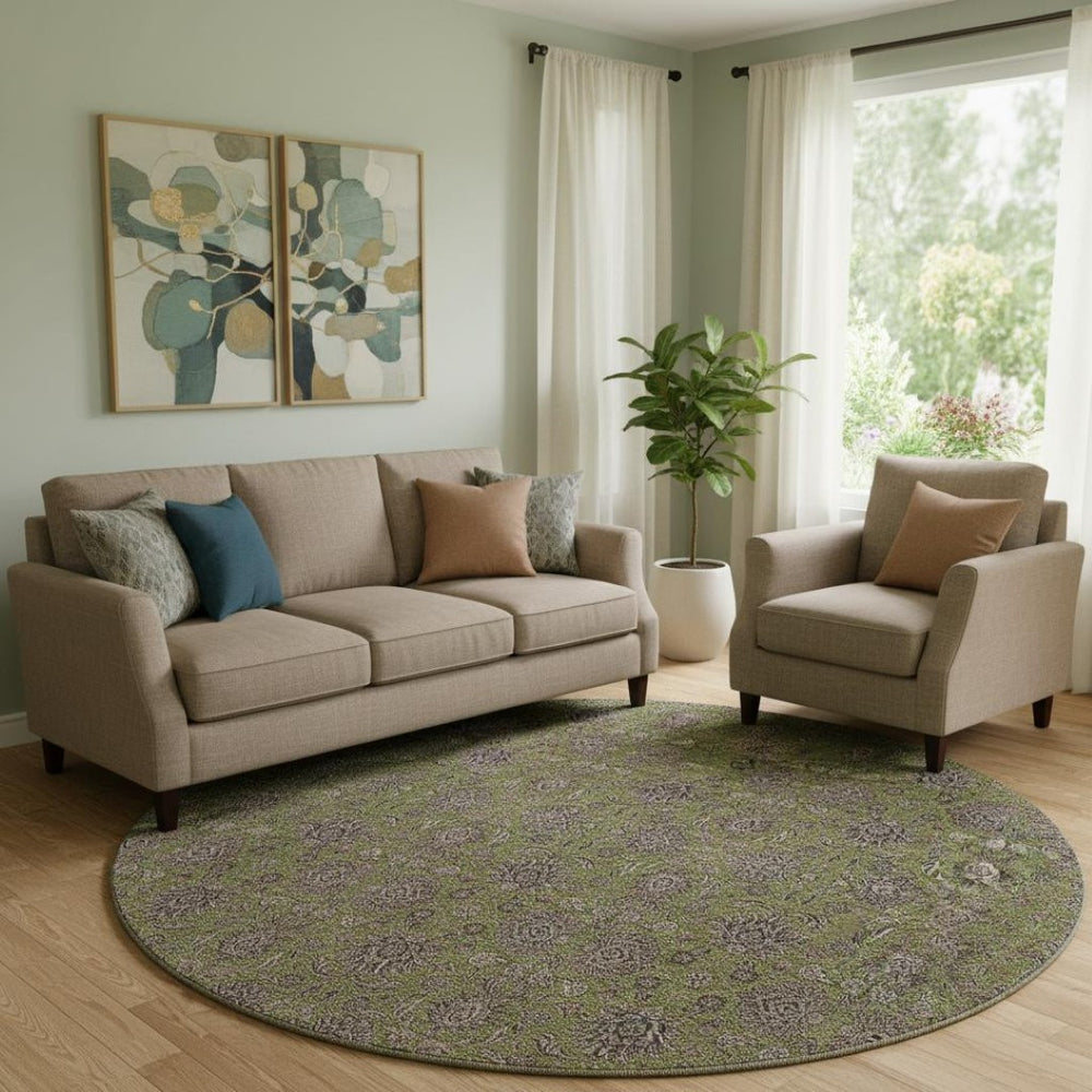 HomeRoots 8' Olive Green & Beige Floral Washable Round Rug - Durable, Stain Resistant & UV Protected Design 656846