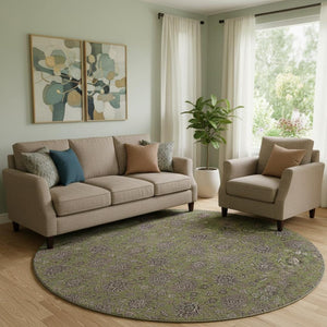 HomeRoots 8' Olive Green & Beige Floral Washable Round Rug - Durable, Stain Resistant & UV Protected Design 656846