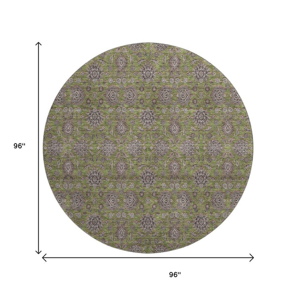 HomeRoots 8' Olive Green & Beige Floral Washable Round Rug - Durable, Stain Resistant & UV Protected Design 656846