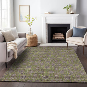 HomeRoots 8' x 10' Olive Green & Beige Floral Washable Area Rug - UV Protected, Durable & Stain Resistant Design 656847
