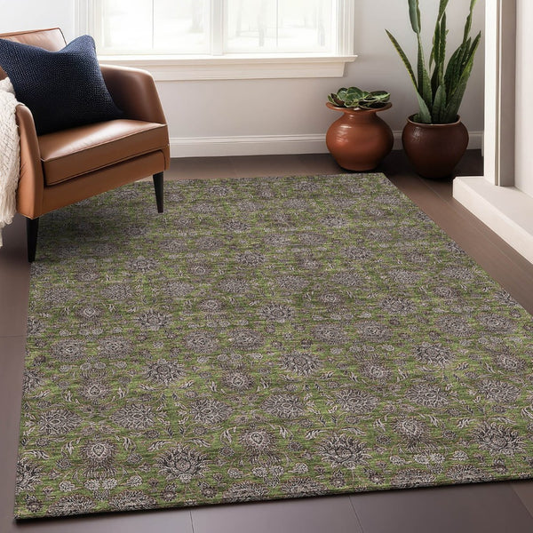 HomeRoots 8' x 10' Olive Green & Beige Floral Washable Area Rug - UV Protected, Durable & Stain Resistant Design 656847