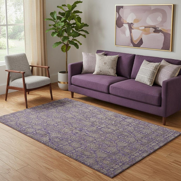 HomeRoots 5' X 8' Floral Area Rug in Purple & Beige – Washable, UV Protected, Stain Resistant for Busy Homes 656851