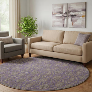 HomeRoots 8' Purple and Beige Floral Washable Round Rug - UV Protected, Durable, Easy-Care for Family Homes 656852