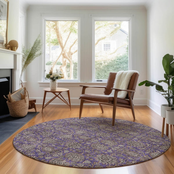 HomeRoots 8' Purple and Beige Floral Washable Round Rug - UV Protected, Durable, Easy-Care for Family Homes 656852