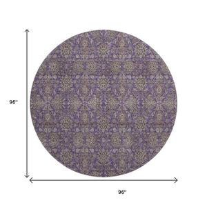 HomeRoots 8' Purple and Beige Floral Washable Round Rug - UV Protected, Durable, Easy-Care for Family Homes 656852